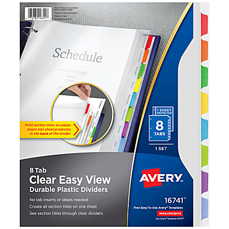 Avery&reg; Clear Easy View Durable Plastic Dividers For 3 Ring Binders, 8-1/2&quot; x 11&quot;, 8-Tab, Bright Multicolor, 1 Set
