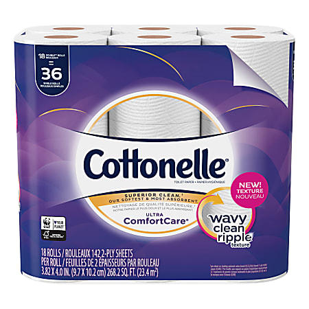 Cottonelle Ultra ComfortCare Toilet Paper - Double Rolls - 2 Ply - 142 Sheets/Roll - White - Sewer-safe, Septic Safe, Flushable, Absorbent - For Home, Office, School - 18 / Pack