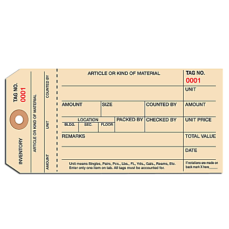 Manila Inventory Tags, 1-Part Stub Style, 2000-2999, Box Of 1,000