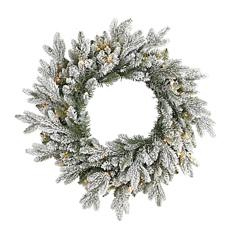 Nearly Natural Flocked Artificial Christmas Wreath With 50 LED Lights, 24” x 5”, Green
