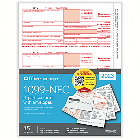 Office Depot® Brand 1099-NEC Laser Tax Forms, 4-Part, 3-Up, 8-1/2" x 11", Pack Of 15 Form Sets