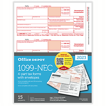 Office Depot® Brand 1099-NEC Laser Tax Forms, 4-Part, 3-Up, 8-1/2" x 11", Pack Of 15 Form Sets, NEC6101023
