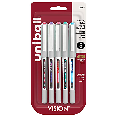 uni ball Vision Rollerball Pens Fine Point 0.7 mm Assorted Barrels Assorted  Ink Colors Pack Of 5 - Office Depot