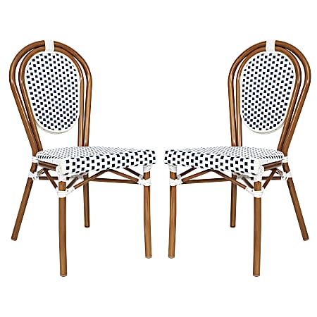 Flash Furniture 2 Pack Lourdes Indoor/Outdoor Commercial Thonet Bistro Stacking Chair, PE Rattan and Aluminum Frame, White & Navy/Natural Frame