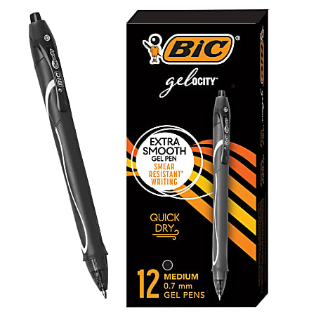 BIC® Gel-ocity Quick Dry Retractable Gel Pens, Medium Point, 0.7 mm, Black Barrel, Black Ink, Pack Of 12
