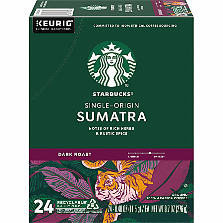 Starbucks&reg; K-Cup Sumatra Coffee - Compatible with Keurig Brewer - Dark - K-Cup - Sumatra - 24 / Box