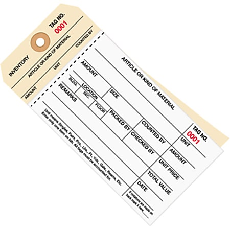 B O X Packaging Manila Inventory Tags, 2-Part Carbonless Stub Style, 0-499, Box Of 500