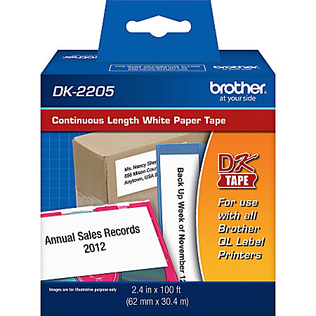 Brother DK-2205 Continuous-Feed Paper Roll Permanent Address Labels, Black On White, 2 7/16" x 100'