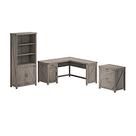 Bush Furniture Knoxville 60"W L Shaped Desk with Lateral File Cabinet and 5 Shelf Bookcase, Restored Gray, Standard Delivery