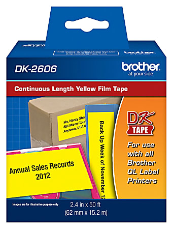 Brother® DK-2606 Black-On-Yellow Tape, Continuous-Feed Film Roll, 2.5" x 50'