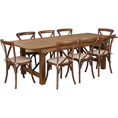Flash Furniture HERCULES Series Folding Farm Table with 8 Cross Back Chairs and Cushions, 30"H x 40"W x 96"D, Antique Rustic
