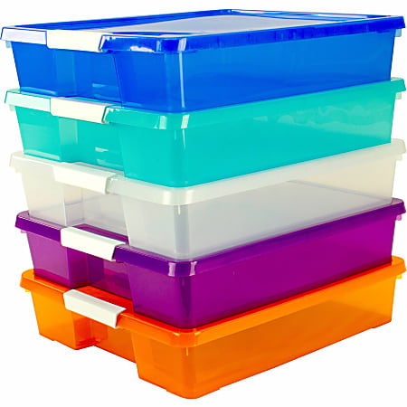 Storex Stackable Craft Boxes, Small Size, 3" x 14" x 14", Assorted Bright, Carton Of 5