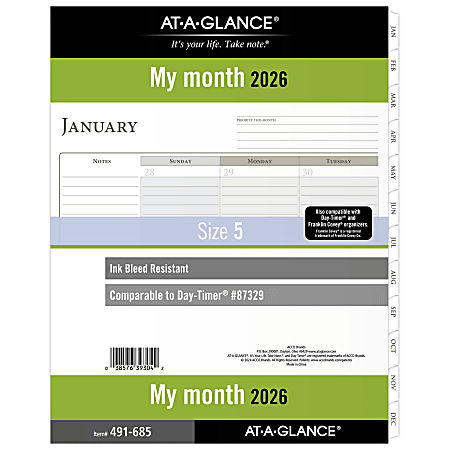 AT-A-GLANCE® 2026 Monthly Planner Refill, Loose-Leaf, Folio Size, 8 1/2" x 11"