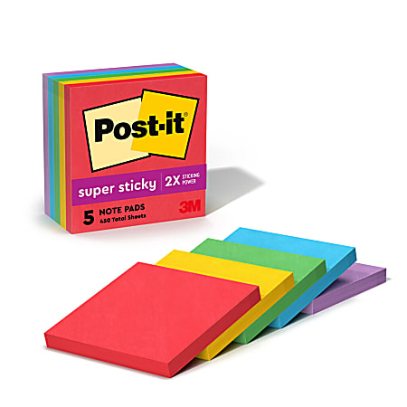 Post-it Super Sticky Notes, 3 in x 3 in, 5 Pads, 90 Sheets/Pad, 2x the Sticking Power, Playful Primaries Collection