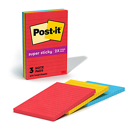 Post-it® Super Sticky Notes, 4" x 6", Playful Primaries Collection, Lined, Pack Of 3 Pads