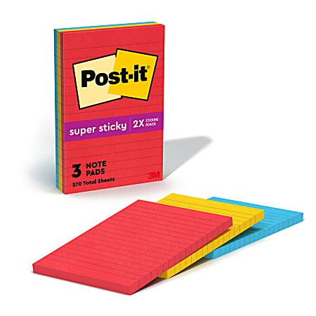 Post-it Super Sticky Notes, 4" x 6", Playful Primaries Collection, Lined, Pack Of 3 Pads