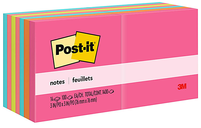 Post-it® Notes, 14 Pads, 3 in x 3 in, Clean Removal, School Supplies and Office Products, Sticky Notes  - 65414AN