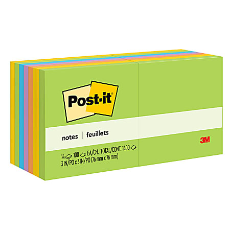 Post-it® Notes, 14 Pads, 3 in x 3 in, Clean Removal, School Supplies and Office Products, Sticky Notes  - 65414AU