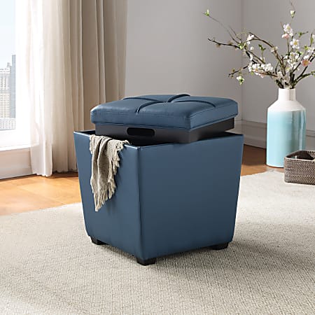 Blue storage outlet ottoman with tray