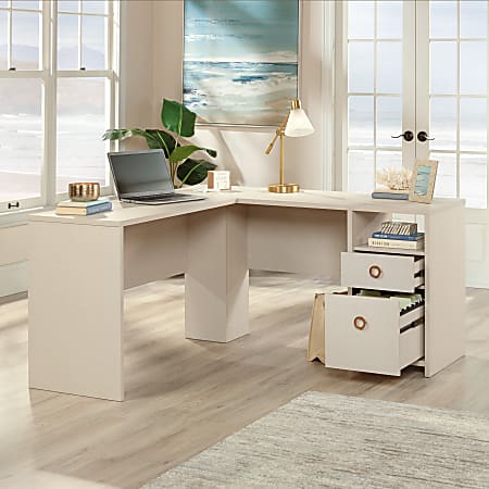 Sauder® Grand Coast 60"W Modern Coastal L-Shaped Computer Desk With Filing Drawer, Dove Linen