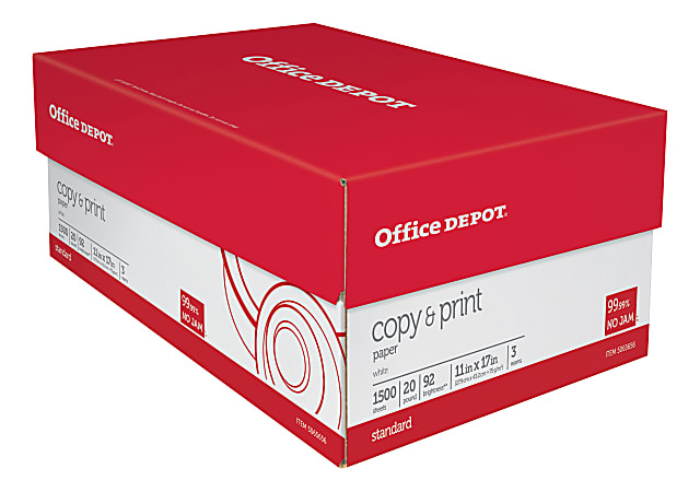 Office Depot® Multi-Use Printer & Copy Paper, White, Ledger (11" x 17"), 1500 Sheets Per Case, 20 Lb, 92 Brightness, Case Of 3 Reams