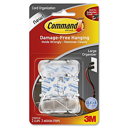 Command Clear Cord Clips, Large, 2 Clips with 3 Clear Strips - Cord Clip - Clear