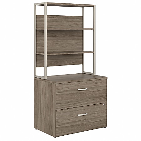 Bush Business Furniture Hybrid 24"D Lateral 2-Drawer File Cabinet With Shelves, Modern Hickory, Premium Installation