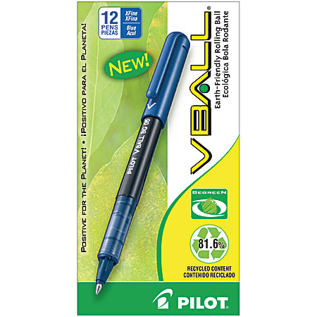 Pilot® V-Ball™ BeGreen 82% Recycled Liquid Ink Rollerball Pens, Extra Fine Point, 0.5 mm, Blue Barrel, Blue Ink, Pack Of 12
