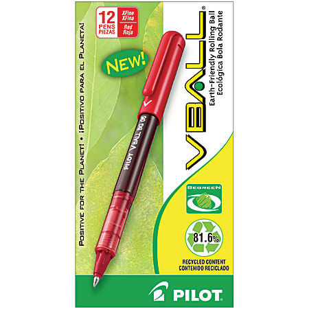 Pilot® V-Ball™ BeGreen 82% Recycled Liquid Ink Rollerball Pens, Extra Fine Point, 0.5 mm, Red Barrel, Red Ink, Pack Of 12