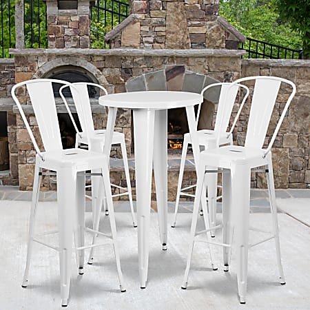Flash Furniture Commercial-Grade Round Metal Indoor/Outdoor Bar Table Set With 4 Café Stools, 41"H x 24"W x 24"D, White