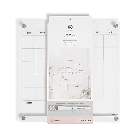 U Brands® Acrylic Monthly Calendar Dry-Erase Board With Magnetic Bulletin Bar, 16” x 16”, Clear