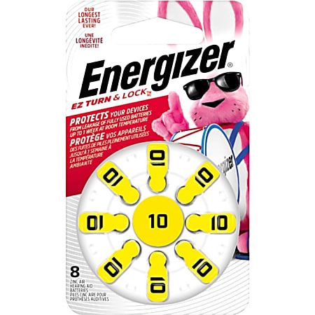 Energizer EZ Turn & Lock Size 10, 8-Pack, Yellow - For Hearing Aid - 1.4 V DC - Zinc Air - 8