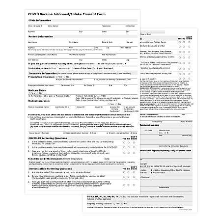 Vaccine Patient Intake Forms, COVID-19, 1-Part, 2-Sided, 8-1/2" x 14", Pack Of 50 Forms