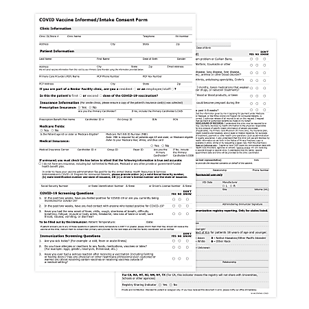 Vaccine Patient Intake Forms, COVID-19, 1-Part, 2-Sided,