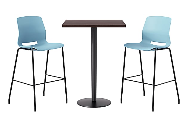 KFI Studios Proof Bistro Square Pedestal Table With Imme Bar Stools, Includes 2 Stools, 43-1/2”H x 30”W x 30”D, Cafelle Top/Black Base/Sky Blue Chairs