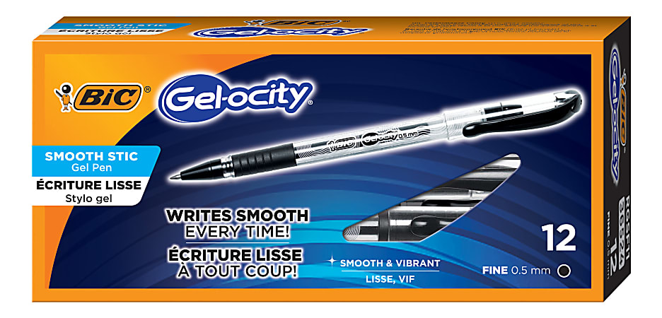 BIC® Gel-ocity Stic Gen Pens, Extra Fine Point, 0.5 mm, Black Barrels, Black Ink, Box Of 12