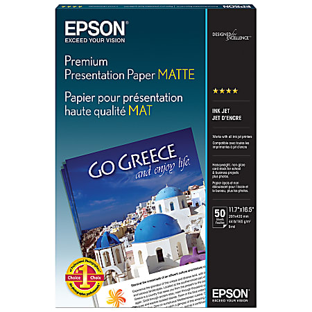 Epson® Premium Presentation Paper, White, A3, 50 Sheets Per Pack, 44 Lb, 97 Brightness
