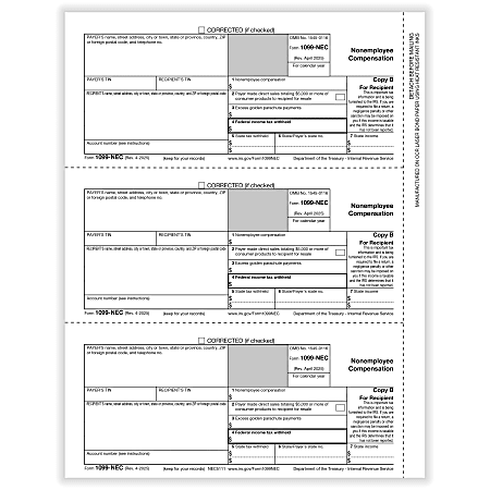 ComplyRight® 1099-NEC Tax Forms, Recipient Copy B, 3-Up, 8-1/2" x 11", Pack Of 75 Forms