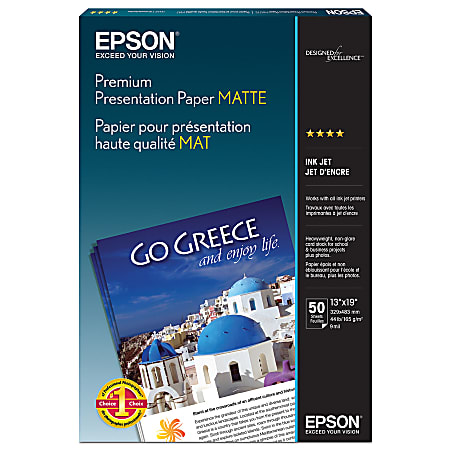 Epson® Premium Presentation Paper, 13" x 19", 44 Lb, White, Pack Of 50 Sheets