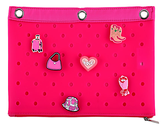 Office Depot® Brand 3-Ring Silicone Pencil Pouch With Charms, 7" x 9-13/16", Pink