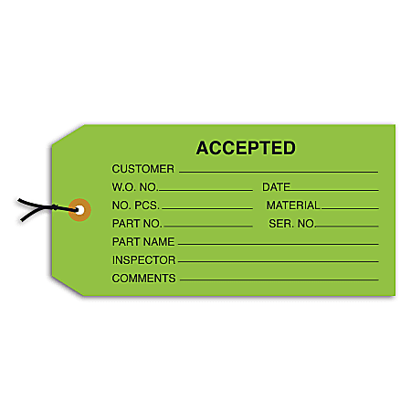 Office Depot® Brand Prestrung Inspection Tags, "Accepted," 4 3/4" x 2 3/8", Green, Box Of 1,000