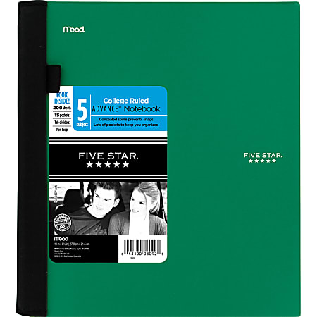 Five Star® Advance® Notebook, 8 1/2" x 11", 5 Subjects, College Ruled, 200 Sheets, Assorted Colors