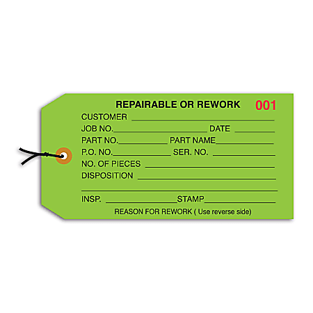 Office Depot® Brand Prestrung Inspection Tags, "Repairable/Rework," 4 3/4" x 2 3/8", Green, Box Of 1,000