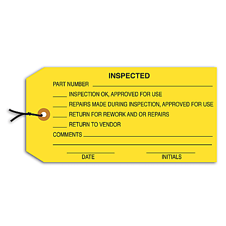 Office Depot® Brand Prestrung Inspection Tags, "Inspected," 4 3/4" x 2 3/8", Yellow, Box Of 1,000