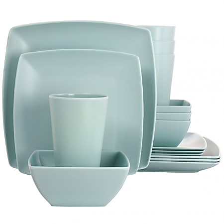 Gibson Home Grayson Melamine 16-Piece Square Dinnerware Set, Mint