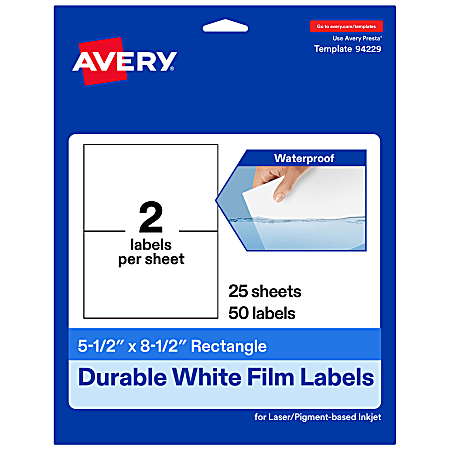 Avery® Waterproof Permanent Labels, 94229-WMF25, Rectangle, 5-1/2" x 8-1/2", White, Pack Of 50