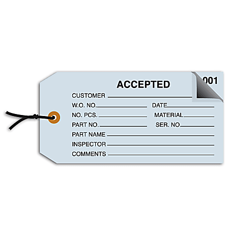 Office Depot® Brand Prewired Inspection Tags, 2-Part Numbered, "Accepted," 4 3/4" x 2 3/8", Blue, Box Of 500