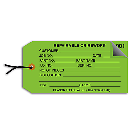 Office Depot® Brand Prewired Inspection Tags, 2-Part Numbered, "Repairable/Rework," 4 3/4" x 2 3/8", Green, Box Of 500