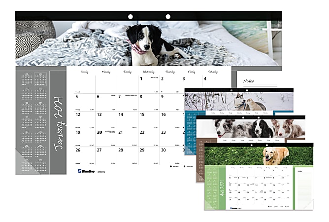 Blueline® Man's Best Friend Collection Monthly Desk Pad Calendar, 17-3/4'' x 10-7/8", 50% Recycled, FSC® Certified, Dogs, January to December 2021