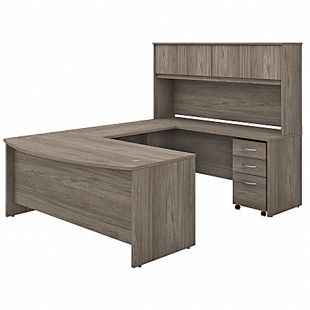 Bush® Business Furniture Studio C U-Shaped Desk With Hutch And Mobile File Cabinet, Modern Hickory, Premium Installation
